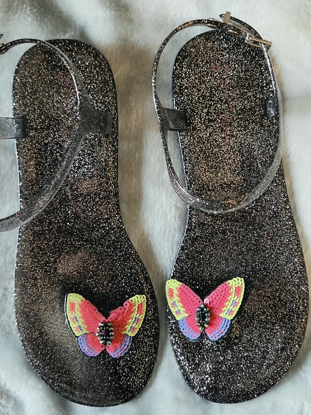 Betsey Johnson Black Glitter Jelly Sandals with Neon Butterfly